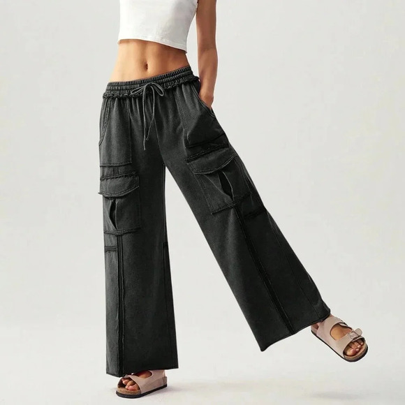 Pants - Black Casual Women's Vacation Knit Pockets Wide Leg Pants